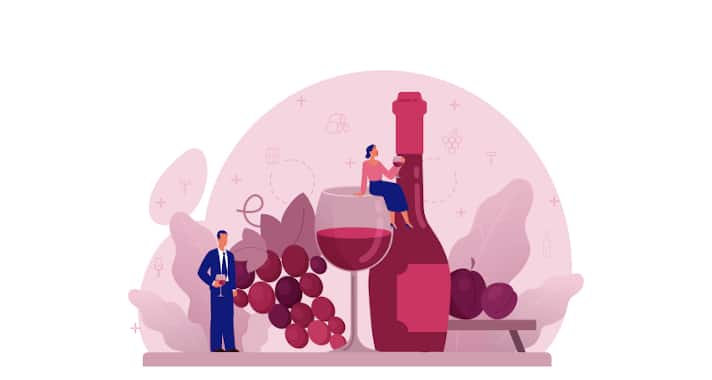 um homem e uma mulher ao lado de uma garrafa de vinho