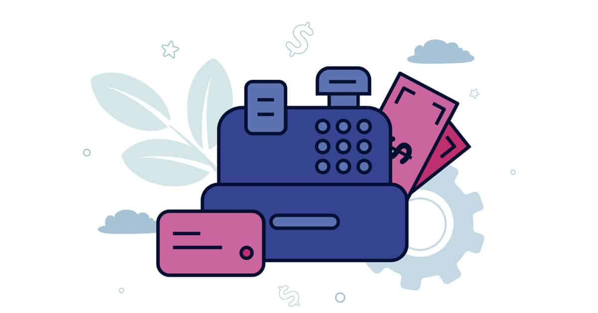 representação de uma caixa registradora com um cartão de crédito e notas de dinheiro